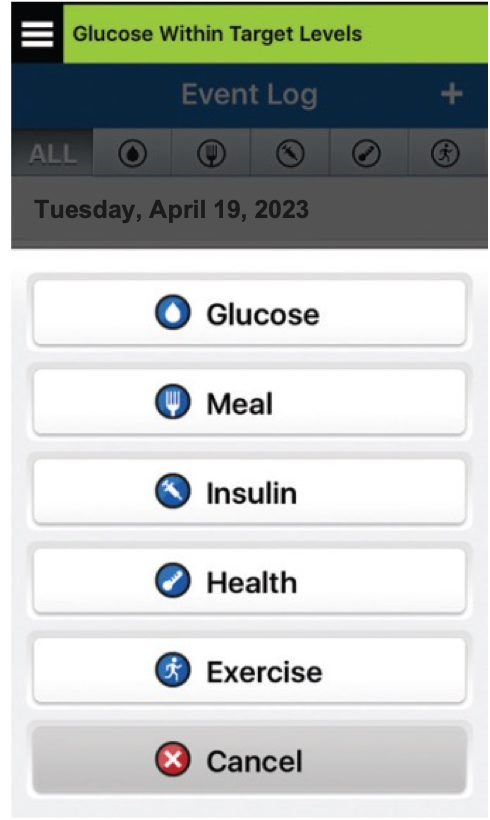 Screen displaying a health app interface for logging:
